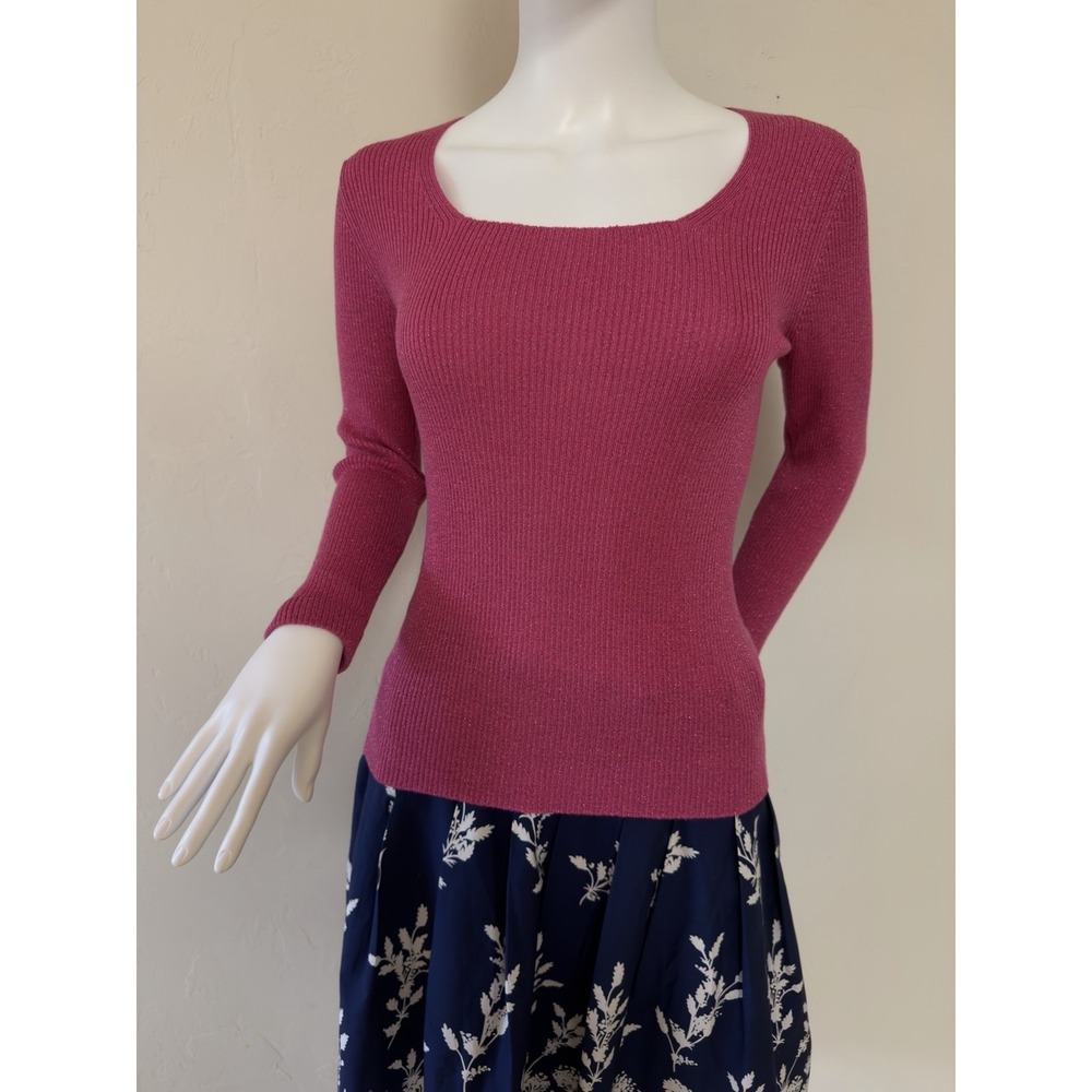 Rare Vintage Pink Etro Knit Ribbed Top With Metallic Accents  Square Neck IT 38